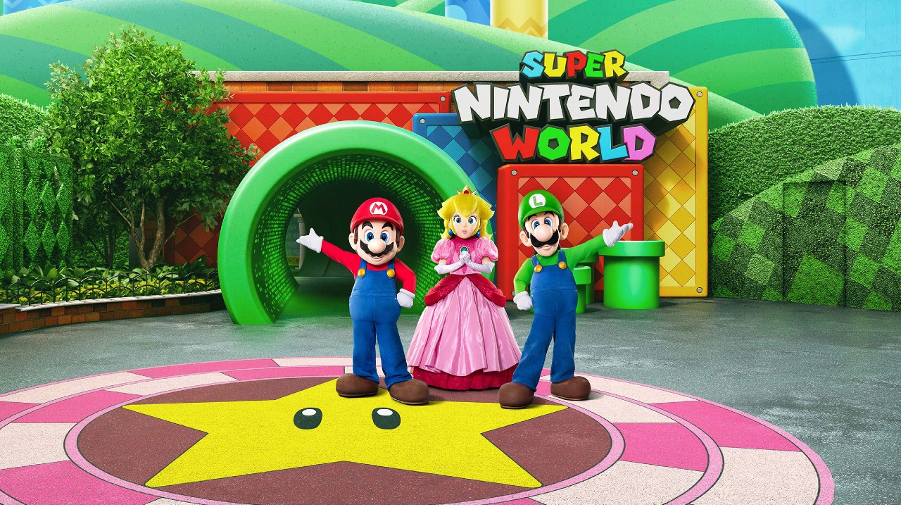 Super Nintendo World Promotional Image with Entrance and Characters