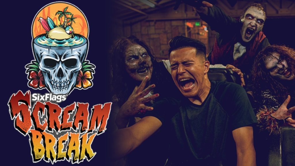 Scream Break logo plus guest and scareactor on rollercoaster