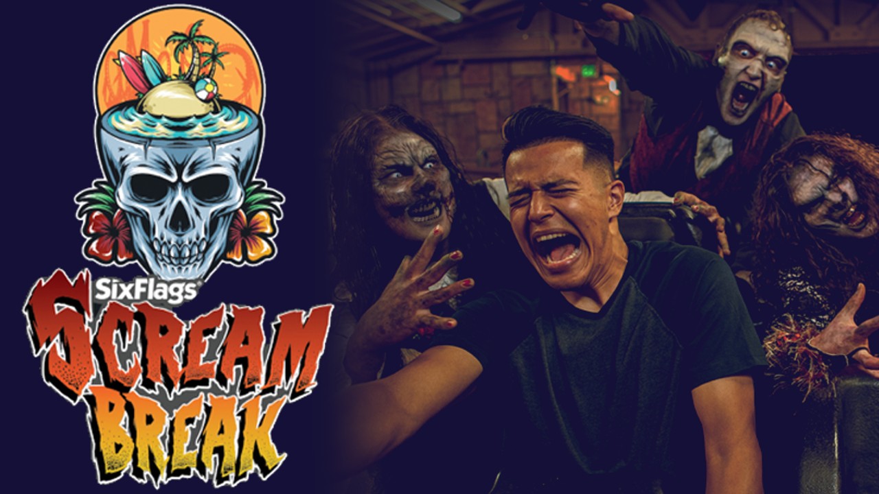 Scream Break logo plus guest and scareactor on rollercoaster