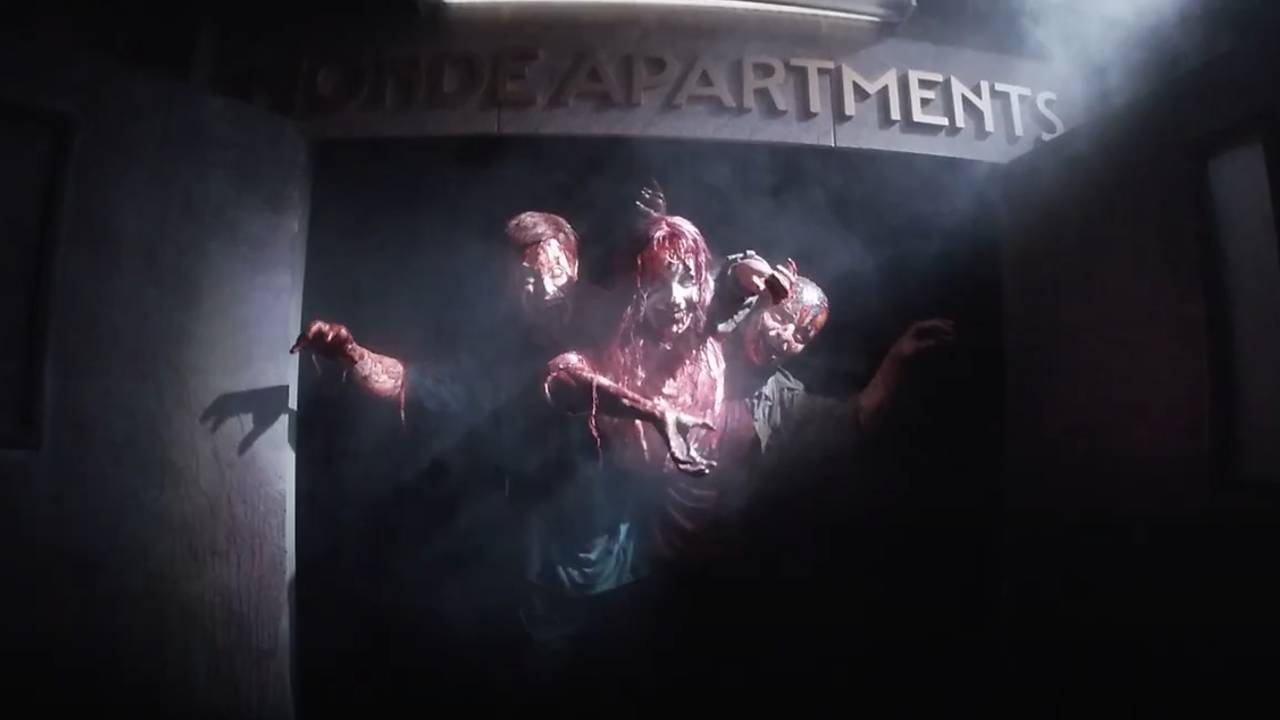 Video still of horror props from Evil Dead Rise maze at Halloween Horror Nights 2023