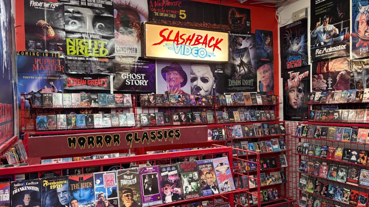 VHS tapes in a fake video store