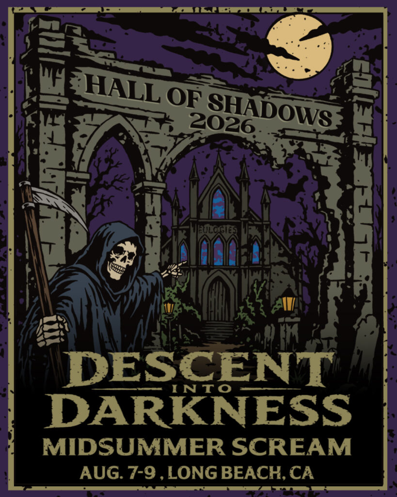 Hall of Shadows at Midsummer Scream 2026 Flyer with reaper and cemetery design