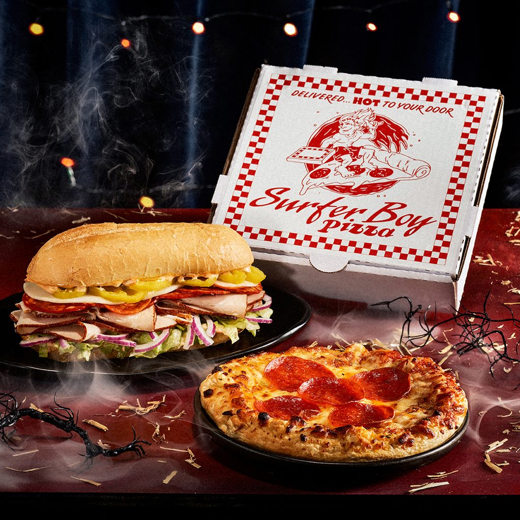 pizza and sadnwich with Surfer Boy Pizza box