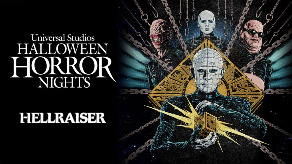 Hellraiser key art for HHN Hollywood 2026. Includes Pinhead and 3 ceneobites and says "Hellraiser"