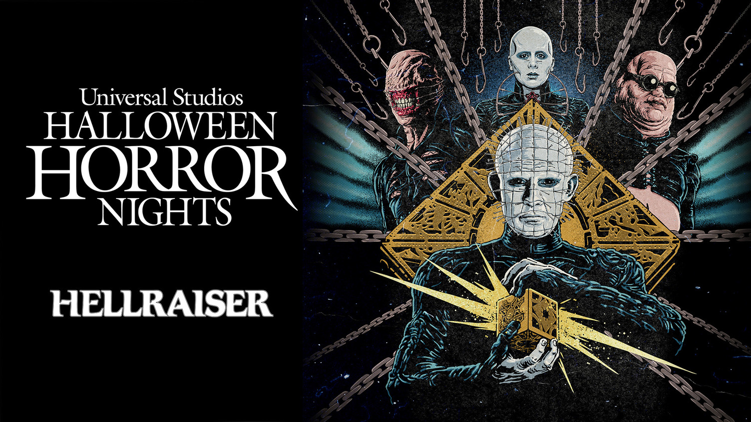 Hellraiser key art for HHN Hollywood 2026. Includes Pinhead and 3 ceneobites and says "Hellraiser"