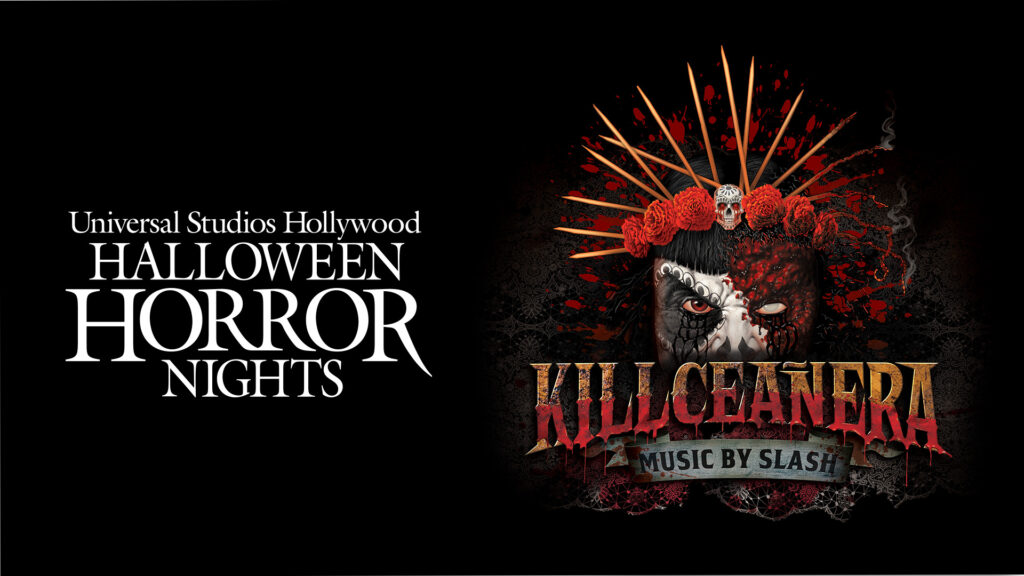 key art for KILLceañera haunted house. features girl with hald sugar skull design and half bloodied face.