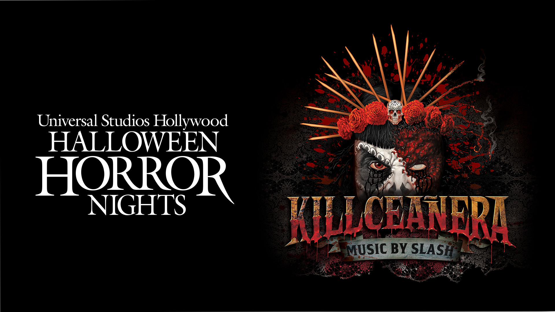 key art for KILLceañera haunted house. features girl with hald sugar skull design and half bloodied face.