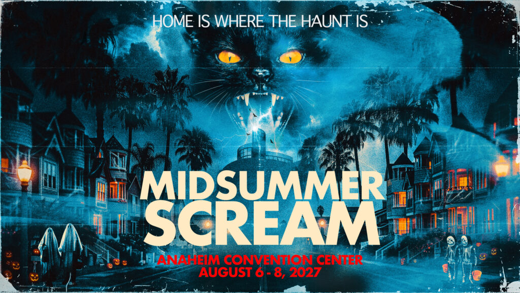 Midsummer Scream 2027 announce image with black cat and palm trees with clouds