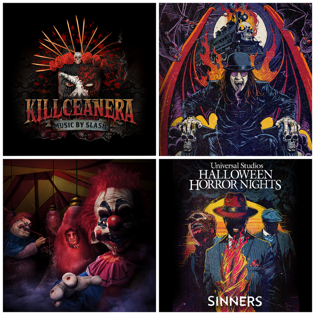 key art for HHN Hollywood 2026 - includes are for Killceanera, Ozzt Osbourne, Killer Klowns from Outer Space and Sinners